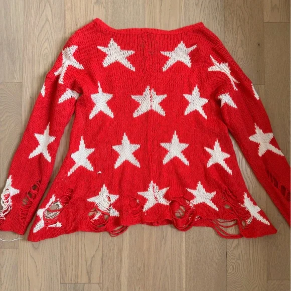 Wildfox Red Star Pattern Distressed Knit Sweater - Picture 1 of 4